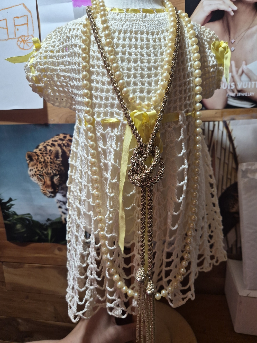 Avon Gold-Tone Rope Tassel Necklace with Cream Pearls and Yellow Ribbon Accents